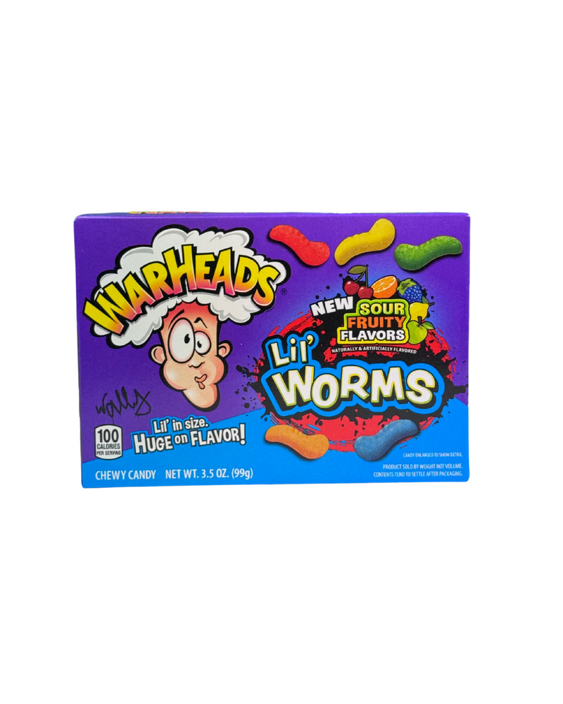 Warheads Lil’ Worms verpakking met kleine zure gummy worms in fruitige smaken – 99 gram

