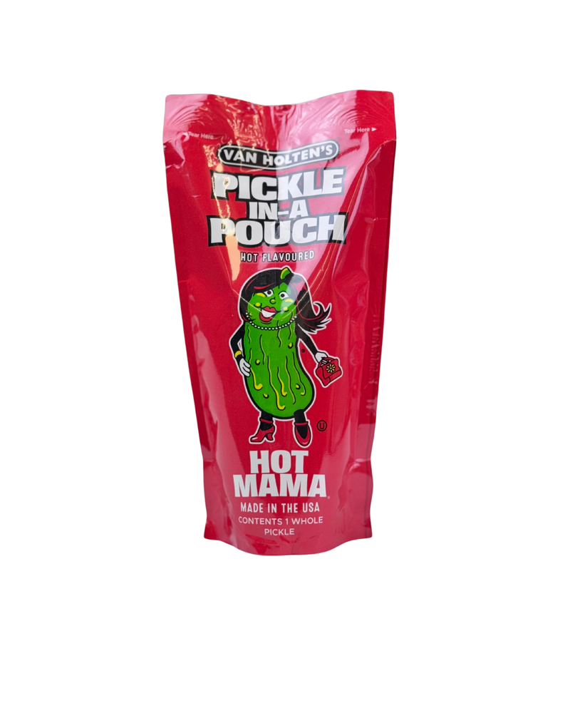 Verpakking Van Holten’s Hot Mama Pickle in a Pouch – pittige Amerikaanse augurk in zak

