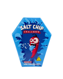Blauwe zeshoekige verpakking van Salt Chip Challenge met cartoon tong en zoutvlokken