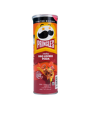 Blik Pringles Smokey BBQ Lovers Pizza limited edition, rood-geel design met topping visuals

