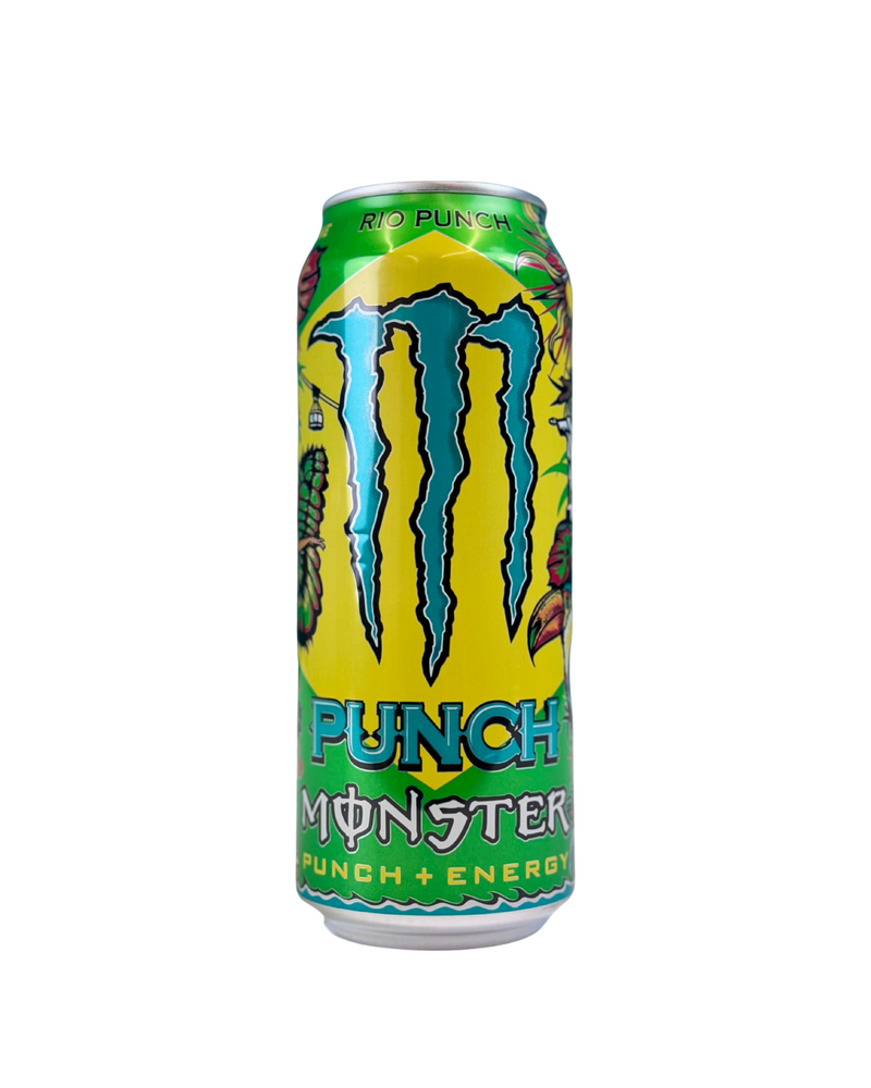  Gele en groene Monster Punch blik met tropisch Rio Punch design en energieboost
