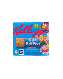 Voorkant van een doos Kellogg's Rice Krispies Treats met cartoonfiguren en een afgebeeld rijstrepen snack

