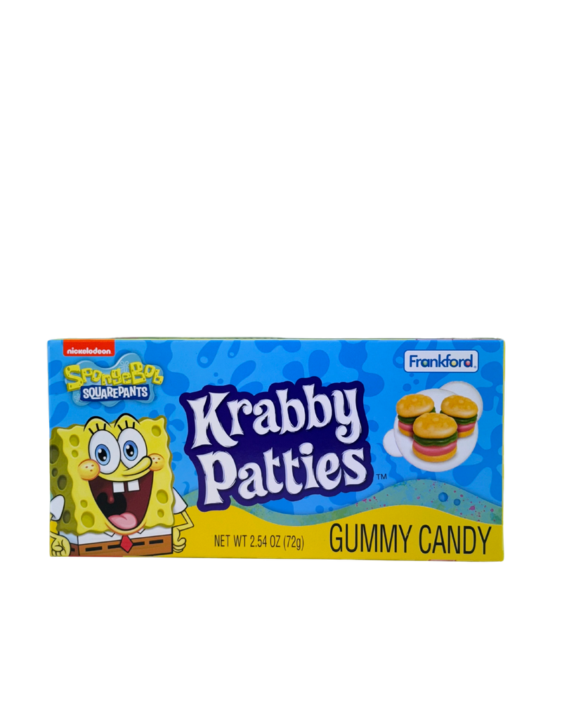 Blauwe verpakking Krabby Patties gummy snoep met originele burgervorm en SpongeBob afbeelding