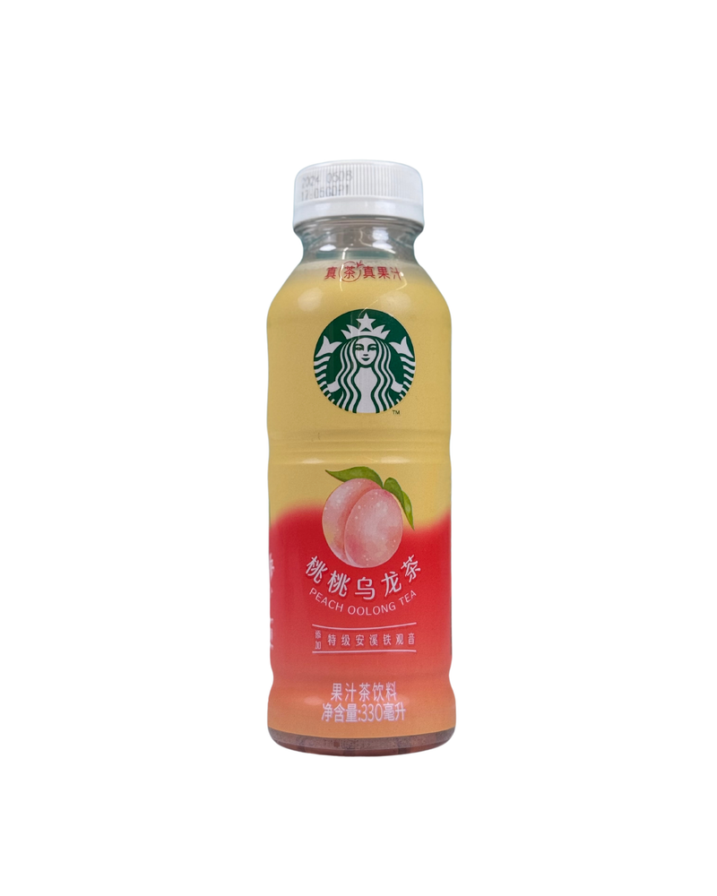 Starbucks ijsthee perzik oolong in gele en rode fles


