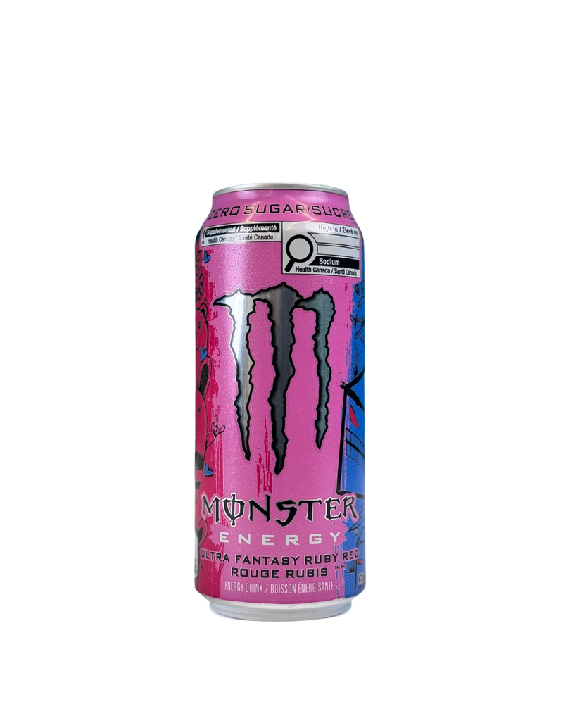 Roze blik Monster Energy Ultra Fantasy Ruby Red met zero sugar en opvallend design