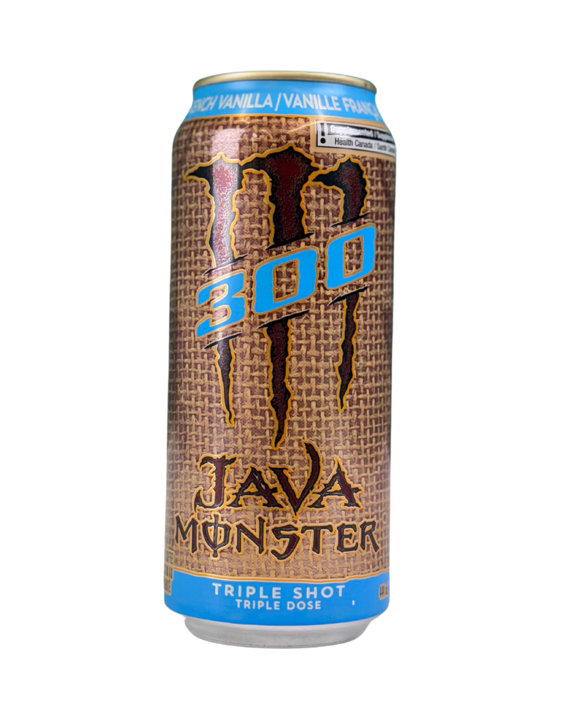 Blik Java Monster 300 met French Vanilla smaak, jute design en blauwe accenten