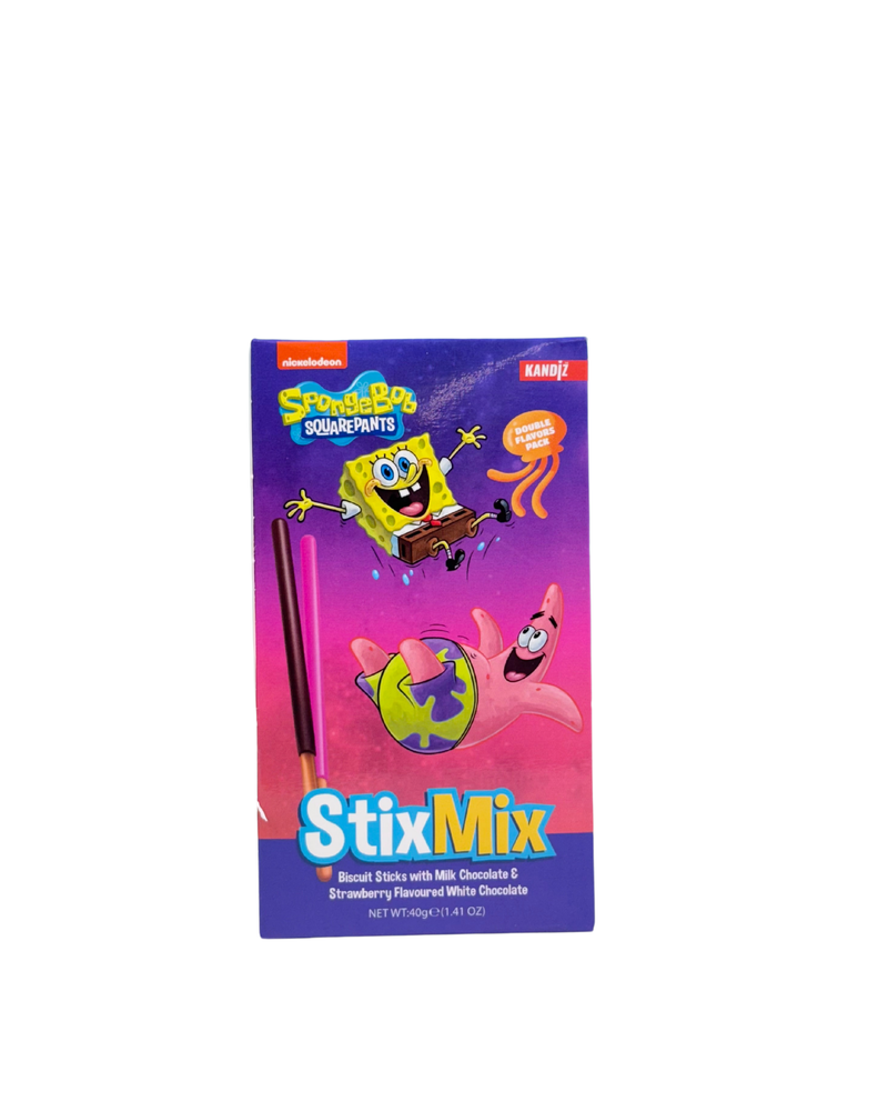 SpongeBob StixMix met chocoladesticks in melkchocolade en aardbei-witte chocolade

