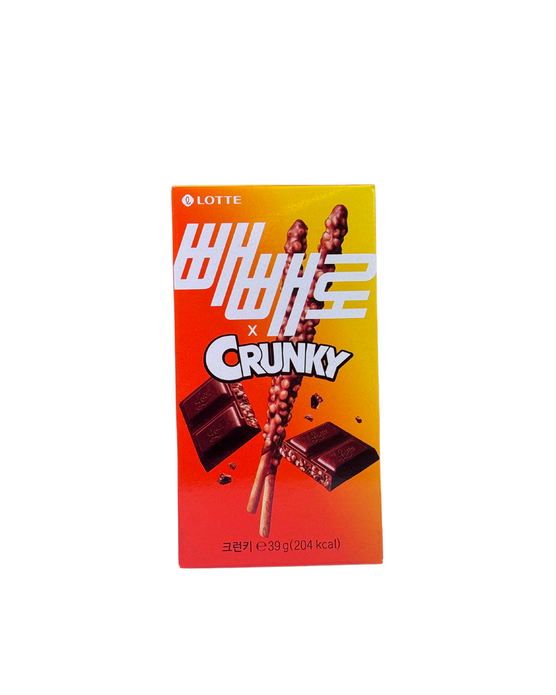 Pepero Crunky sticks met knapperige chocoladelaag en puffed rice topping

