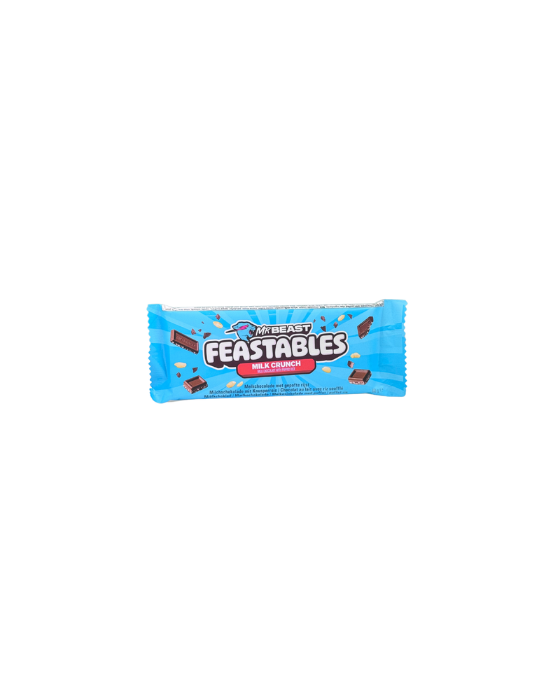 Verpakking van MrBeast Feastables Milk Crunch chocoladereep met crispy stukjes

