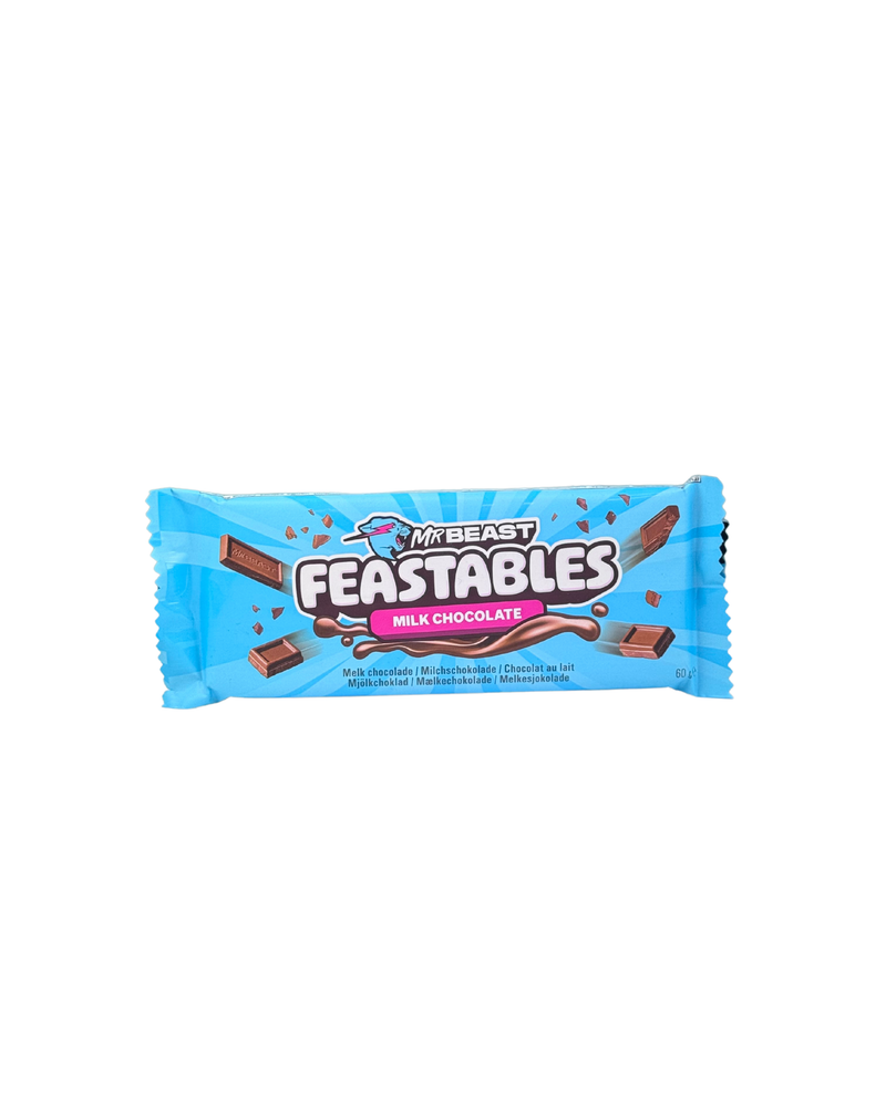 MrBeast Feastables Milk Chocolate reep in blauwe verpakking met chocoladestukjes

