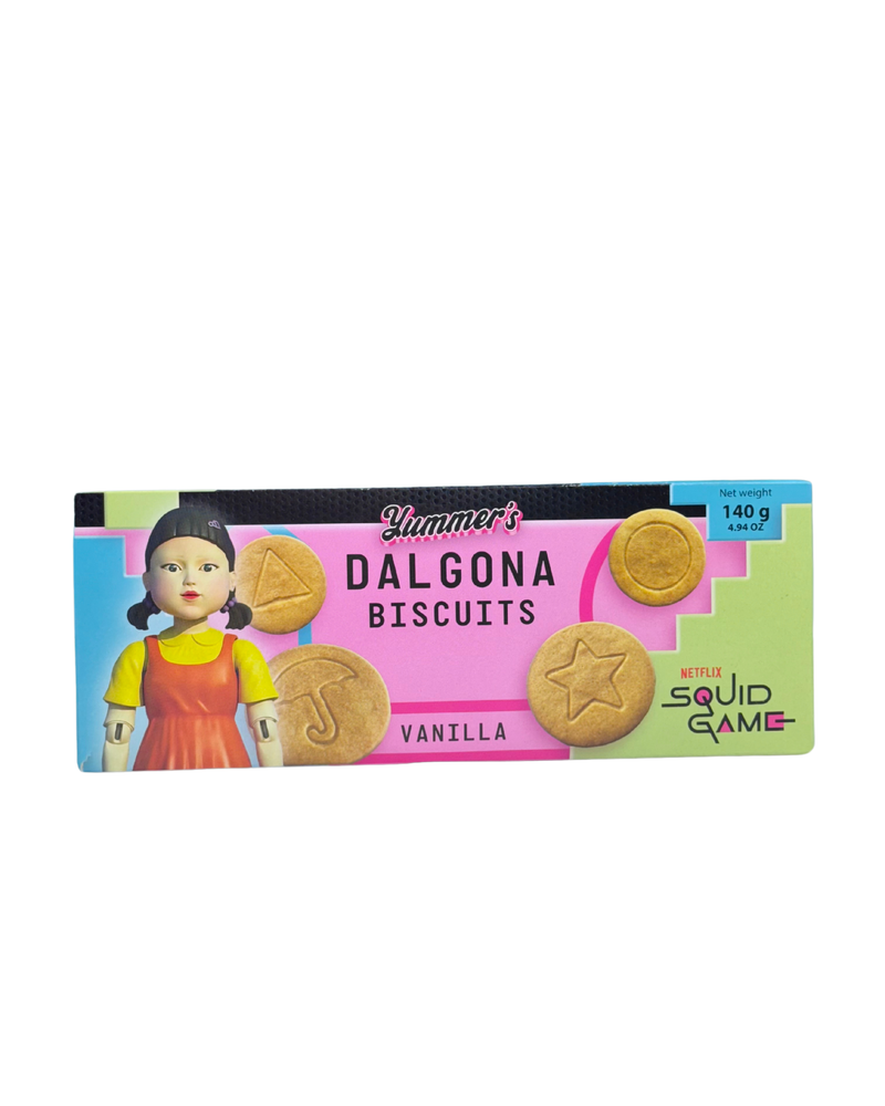Squid Game Dalgona koekjes met vanillesmaak in kleurrijke verpakking met spelvormen

