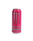 Roze blik Monster Pipeline Punch met tropisch punch design en energiedrank
