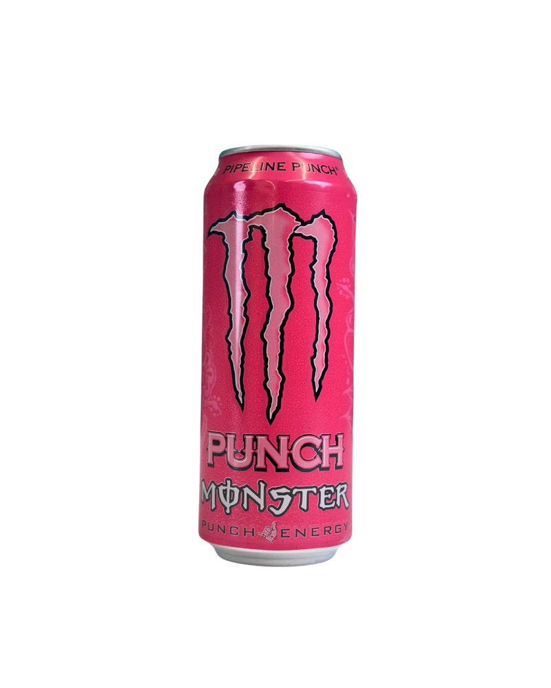 Roze blik Monster Pipeline Punch met tropisch punch design en energiedrank