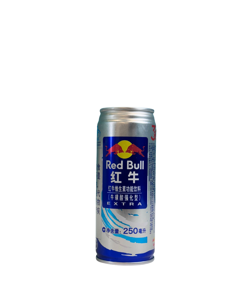 Zilveren blik Red Bull Extra met Chinese tekst en blauwe accenten, 250ml