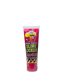 Rode tube met cartoon en slime letters, zure snoepgel met kersensmaak

