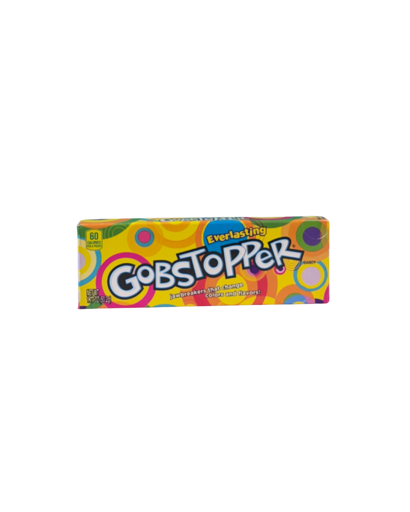Rechthoekige kleurrijke verpakking van Gobstopper met retro print en opvallende letters

