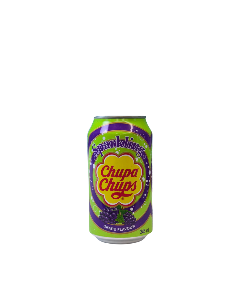 Paarse en groene blikje Chupa Chups frisdrank met druivensmaak en bruisend effect

