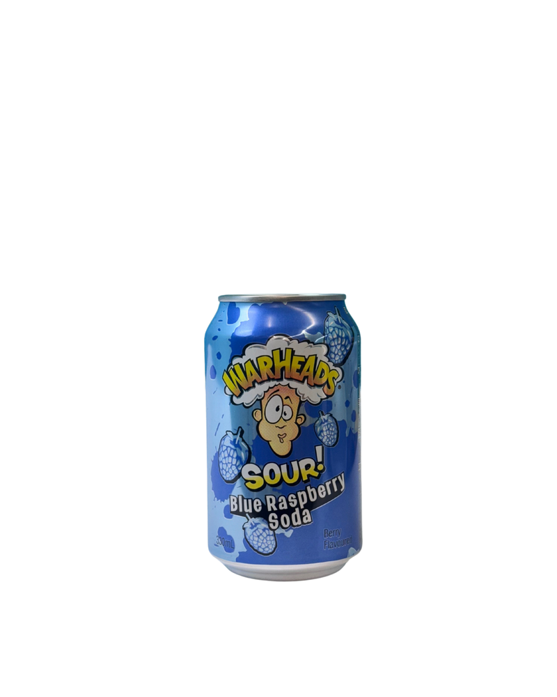 Blauw blikje Warheads frisdrank met zure blauwe frambozensmaak en stripachtige opdruk

