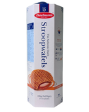 Langwerpige witte doos Daelmans Stroopwafels met afbeelding van een traditionele Hollandse wafel

