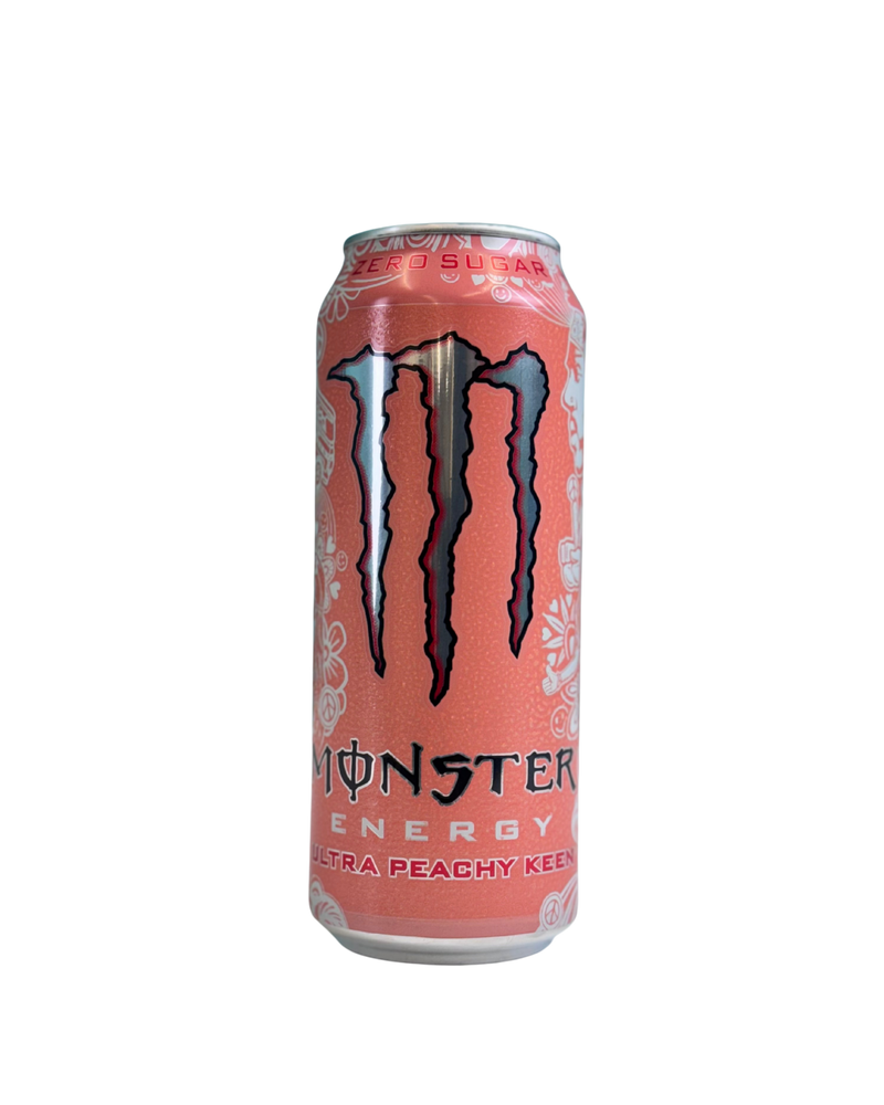 Perzikkleurig blik Monster Energy Ultra Peachy Keen met witte illustraties en zero sugar label