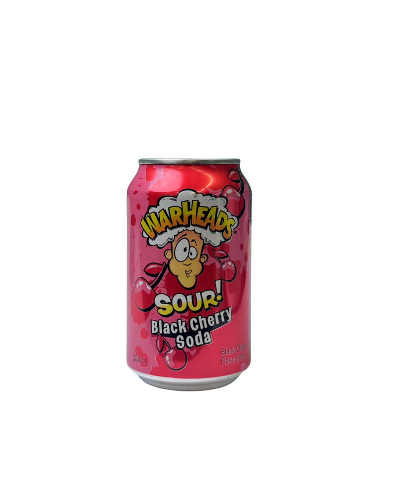 Felroze blikje Warheads frisdrank met zure zwarte kersensmaak en cartoon design

