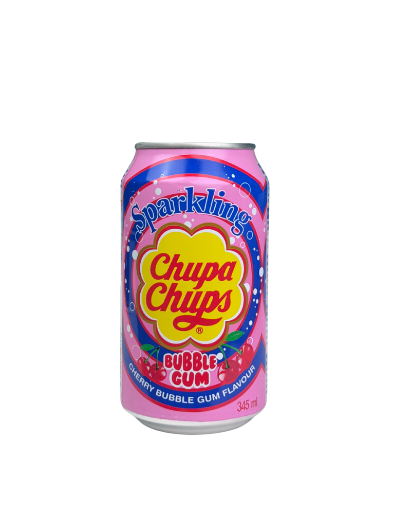 Roze-blauw blikje Chupa Chups frisdrank met kers en bubblegum smaak en speelse look

