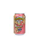 Oranje-blauw blikje Warheads frisdrank met zure perziksmaak en cartoonachtig ontwerp

