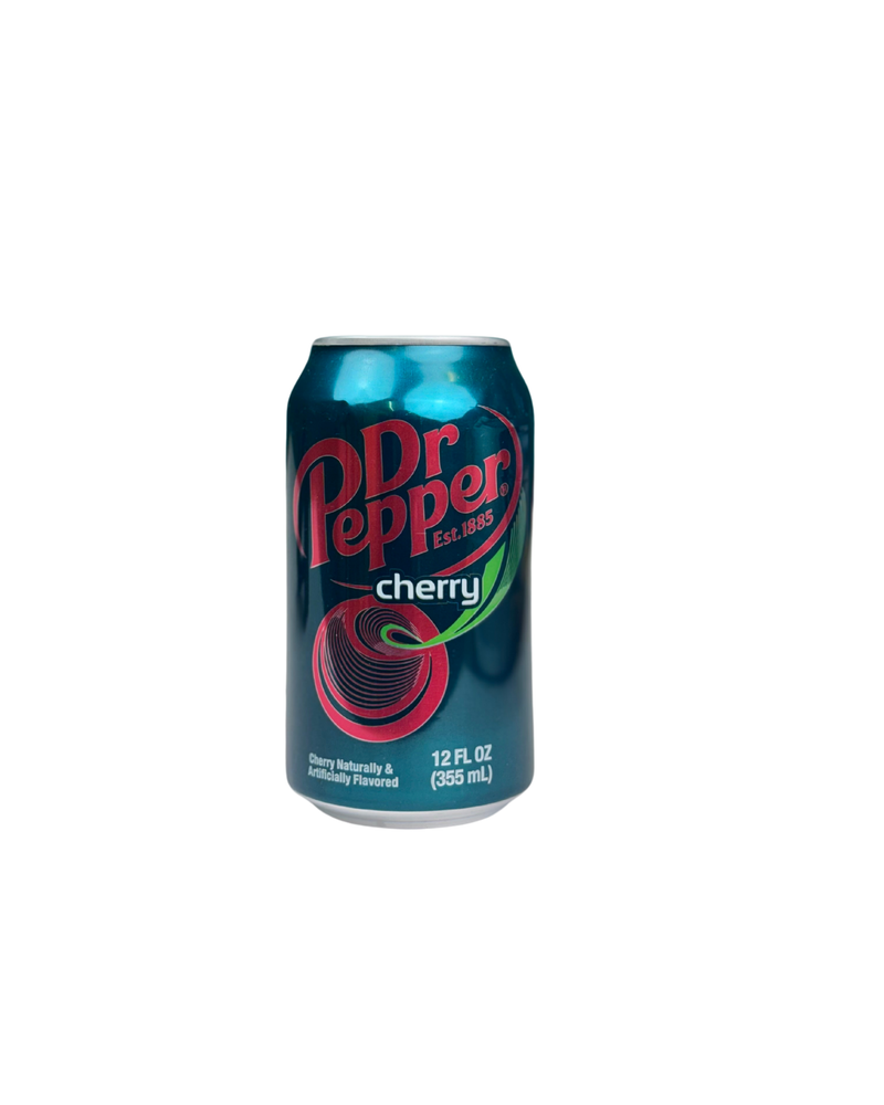 Donkerblauw blikje Dr Pepper met kersensmaak en modern design

