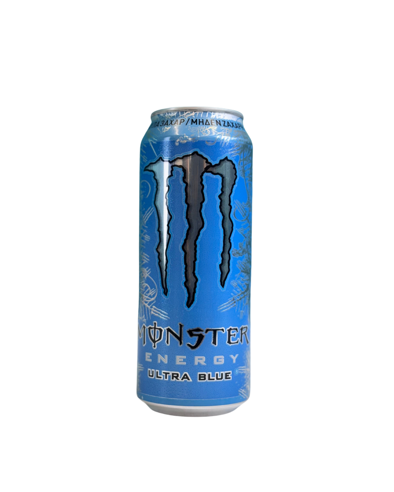 Blauw blik Monster Ultra Blue energiedrank met suikervrije formule en zilveren details