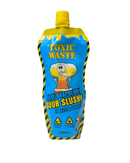 Toxic Waste verpakking met blauwe frambozensmaak ("SOUR STUSH!"), "FREEZE&SQUEE!" slogan en opvallend geel/blauw ontwerp.