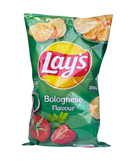 Groene zak Lay’s chips met bolognese smaak, tomaat en kruiden op de verpakking


