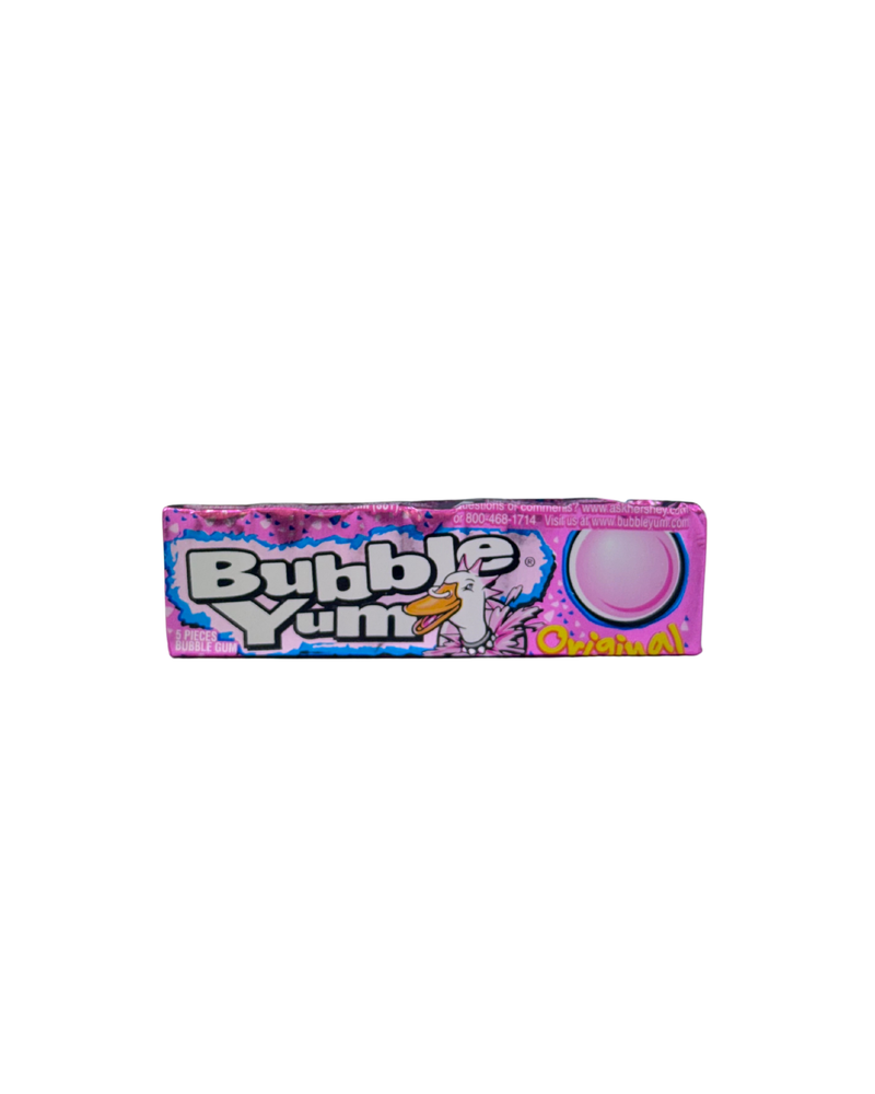 Roze verpakking van Bubble Yum kauwgom met cartoon-eend en grote roze bubbel op de voorkant
