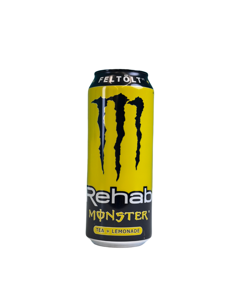 Monster Rehab blik met tea en lemonade smaak en "Feltölt" opdruk bovenaan
