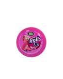 Roze ronde verpakking van Lutti Roll Up kauwgom met een cartoonachtig rolletje en tutti frutti design
