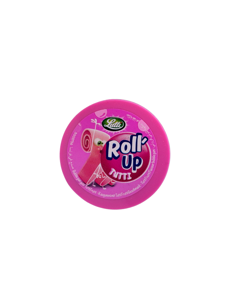 Roze ronde verpakking van Lutti Roll Up kauwgom met een cartoonachtig rolletje en tutti frutti design
