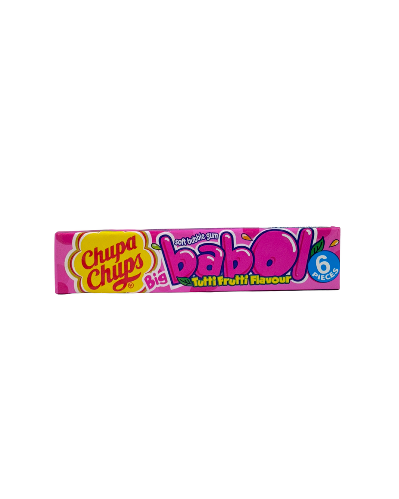 Roze verpakking van Chupa Chups Big Babol kauwgom met kleurrijke opdruk en tutti frutti smaak
