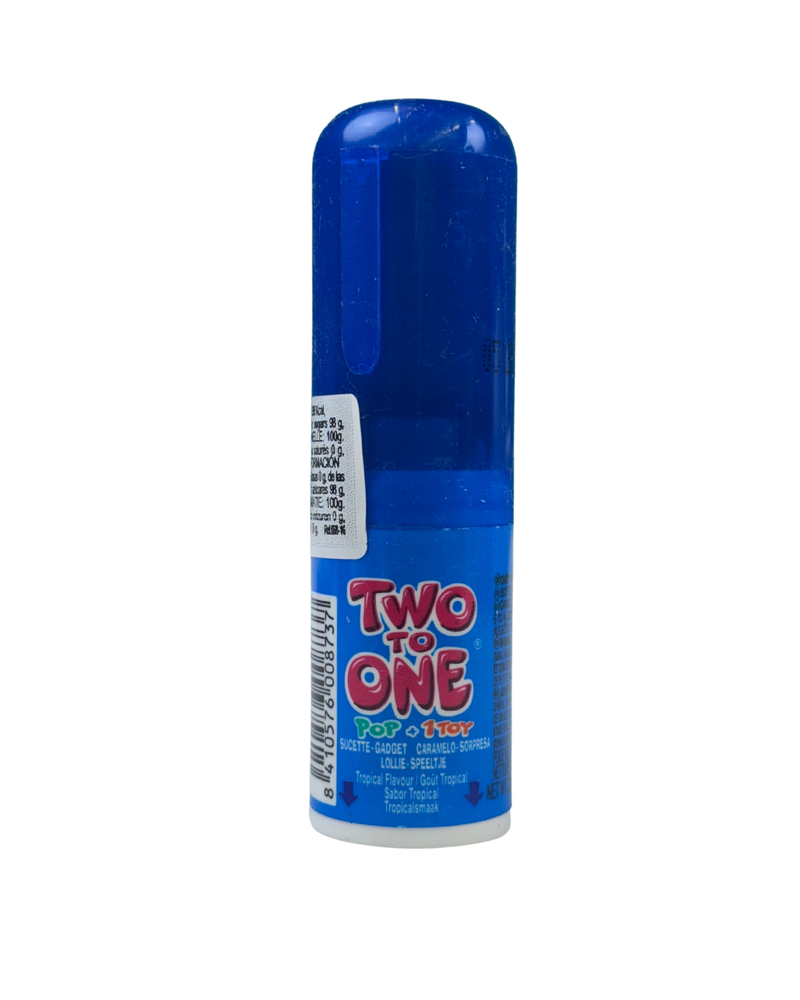 Blauwe verpakking van Two to One snoep met tropische smaak en verrassing binnenin
