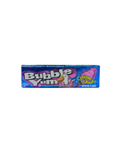 Blauw-paarse verpakking van Bubble Yum kauwgom met suikerspin illustratie en cartoon-eend
