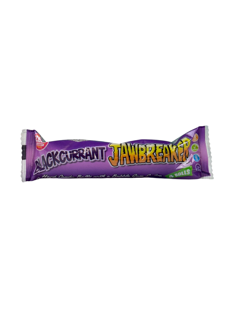 Paarse verpakking van Jawbreaker snoep met zwarte bes smaak en opvallende graffiti-achtige tekst