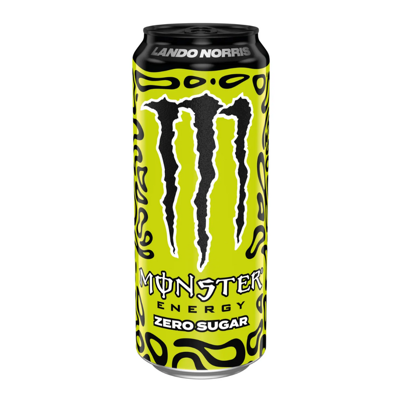 Een blikje van de Monster Energy drink, in de smaak Zero Sugar, ontworpen in samenwerking met Formule 1-coureur Lando Norris. De hoofdkleur is een opvallende felgele kleur met zwart-witte, kronkelige patronen. Het blikje heeft een zwarte bovenkant.