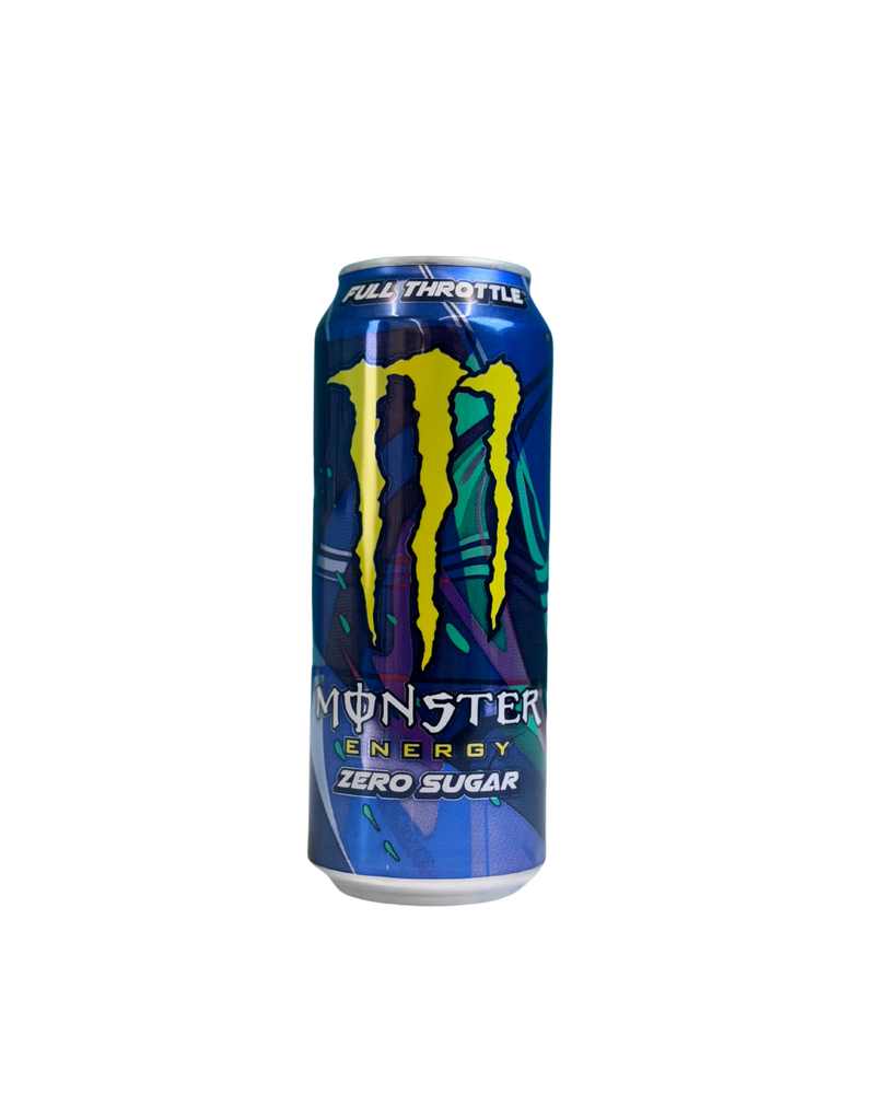 Blauw blik Monster Energy Full Throttle met kleurrijk design en zero sugar label