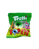 Groen verpakt snoep in de vorm van een oogbal met zure vulling van het merk Trolli
