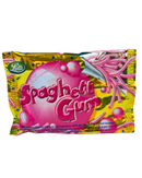 Goud-roze verpakking met roze snoepdraden in spaghetti-stijl en grote kauwgombal