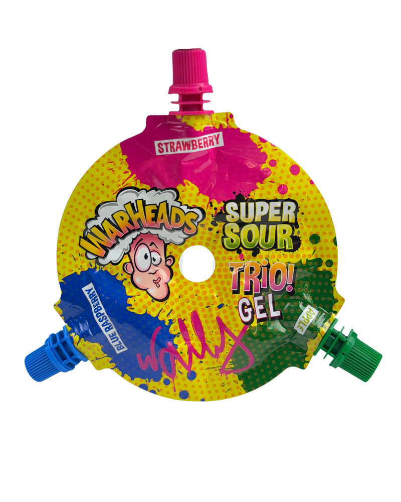 Ronde verpakking met drie gekleurde tuiten: aardbei, blauwe framboos en appel van Warheads