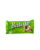 Groene verpakking van Balisto met mueslireep gevuld met hazelnoot, rozijnen en chocolade
