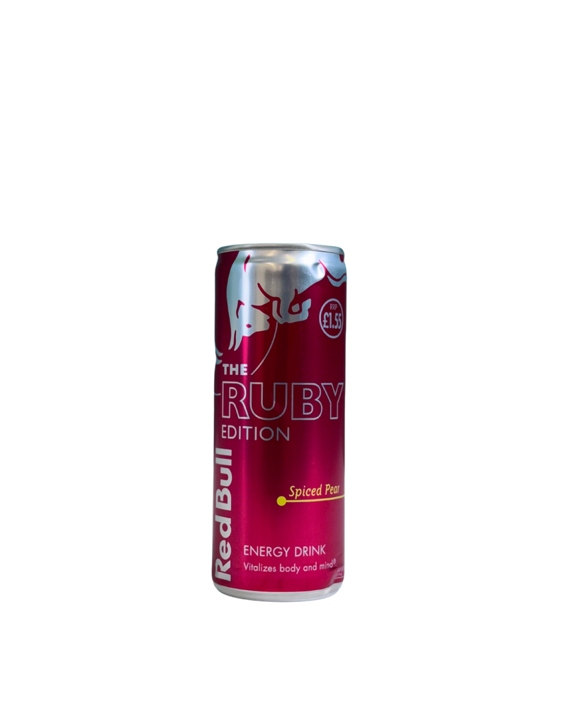 Rood-zilveren Red Bull blik Ruby Edition met Spiced Pear smaak