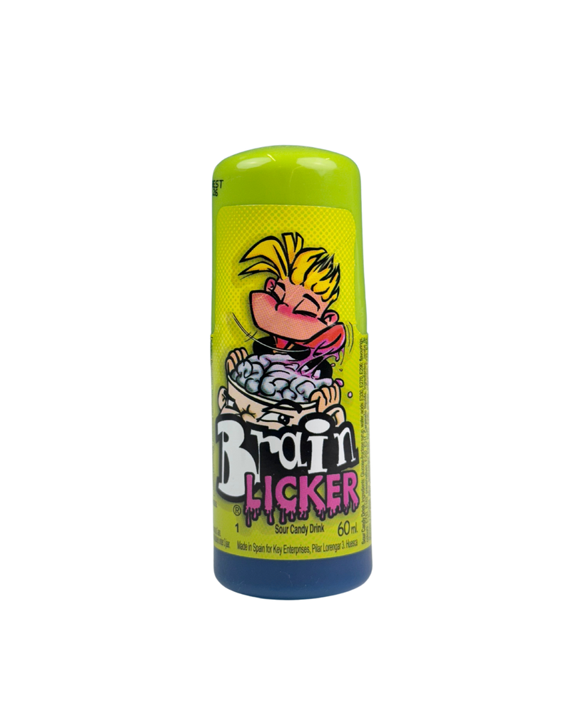 Een flesje Brain Licker, een vloeibare snoep met intense smaak.