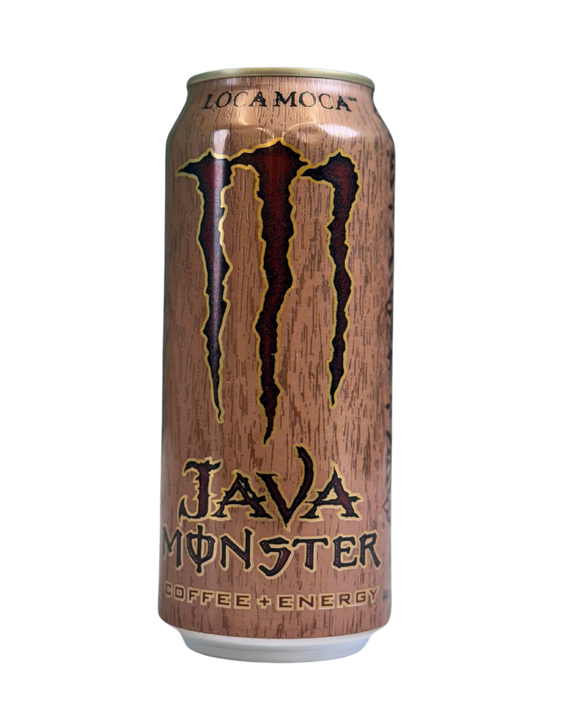 Lichtbruin blik Java Monster Loca Moca met koffie-energie blend en houten textuur