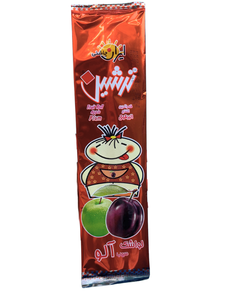 Rode verpakking van Iraanse fruitrol met illustratie van pruim, appel en lachend figuurtje

