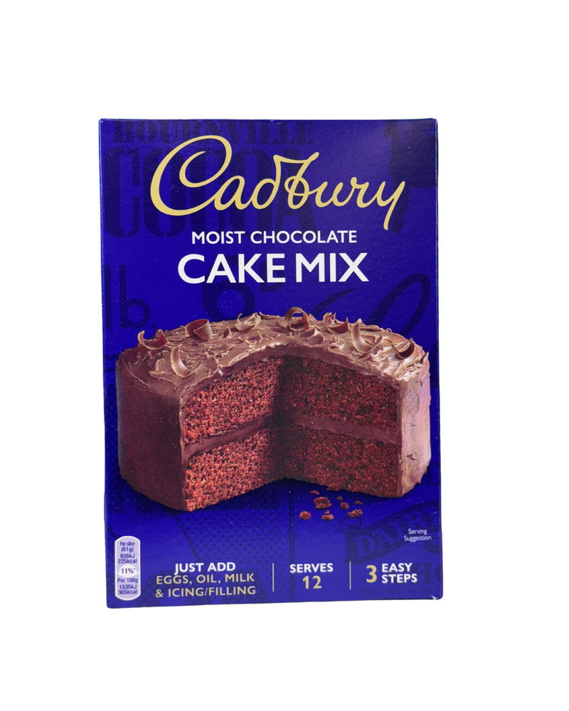 Cadbury cakemix doos met afbeelding van een dubbele chocoladecake met glazuur

